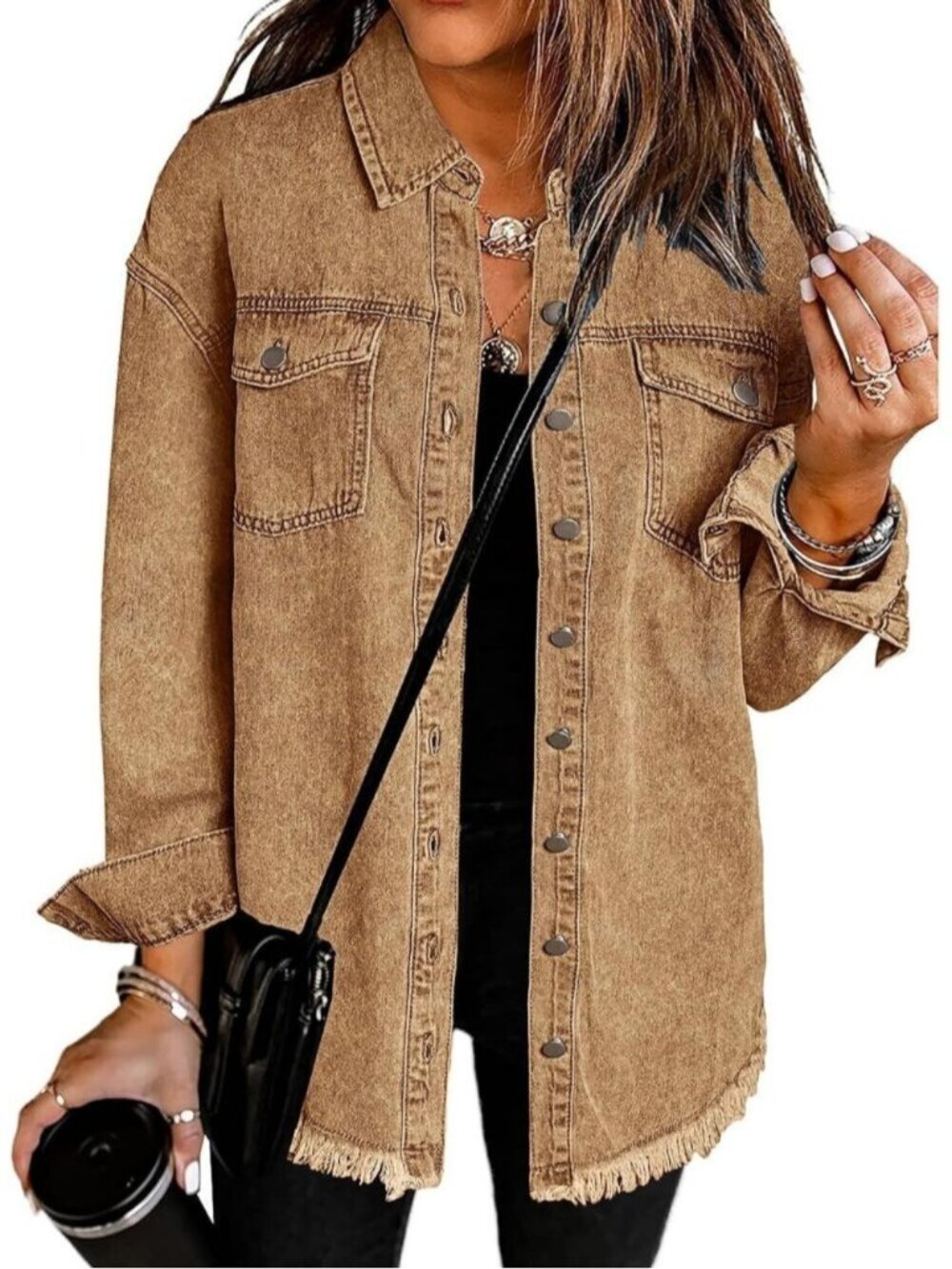Women's Almond Brown Oversized Button Up Drop Shoulder Frayed Denim Jean Jacket